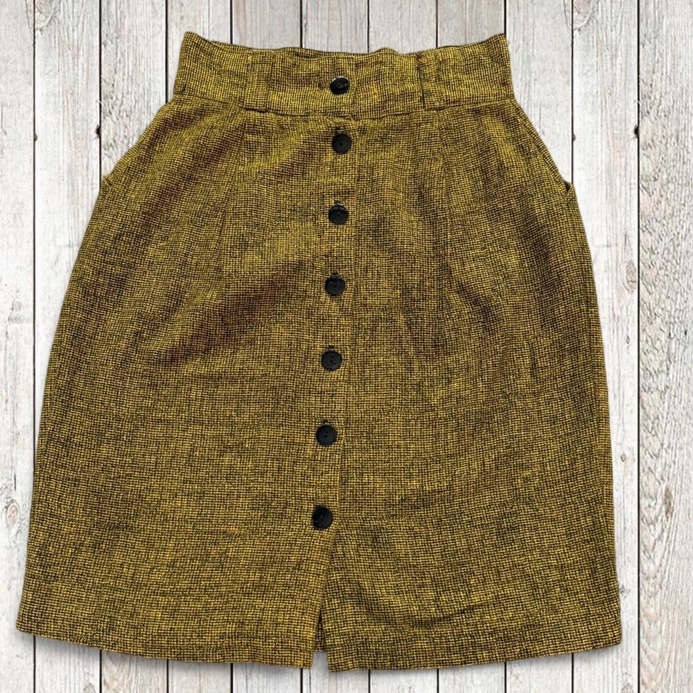 Vintage 80s Just Maggie Mustard Black Button Front High Waist Mini Skirt